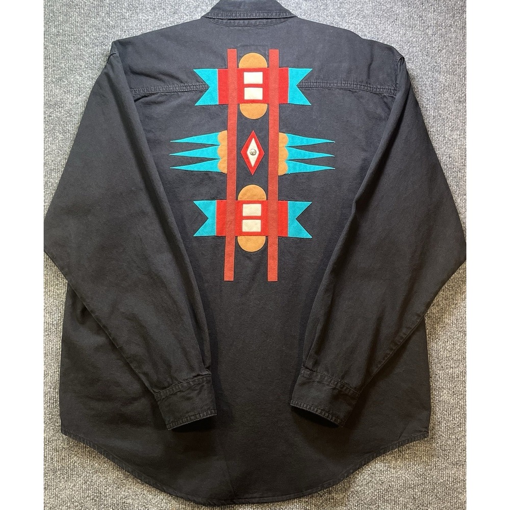 VTG Sundance Denim Wear Men's XL Shirt Southwestern Tribal Design Black USA Made